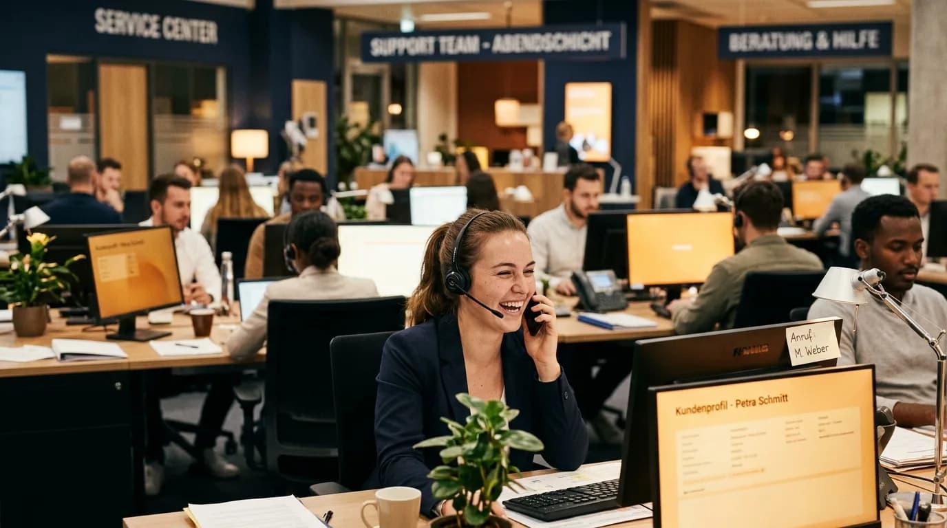 Kundenberater mit Headset im Gespräch an einem modernen Service-Arbeitsplatz