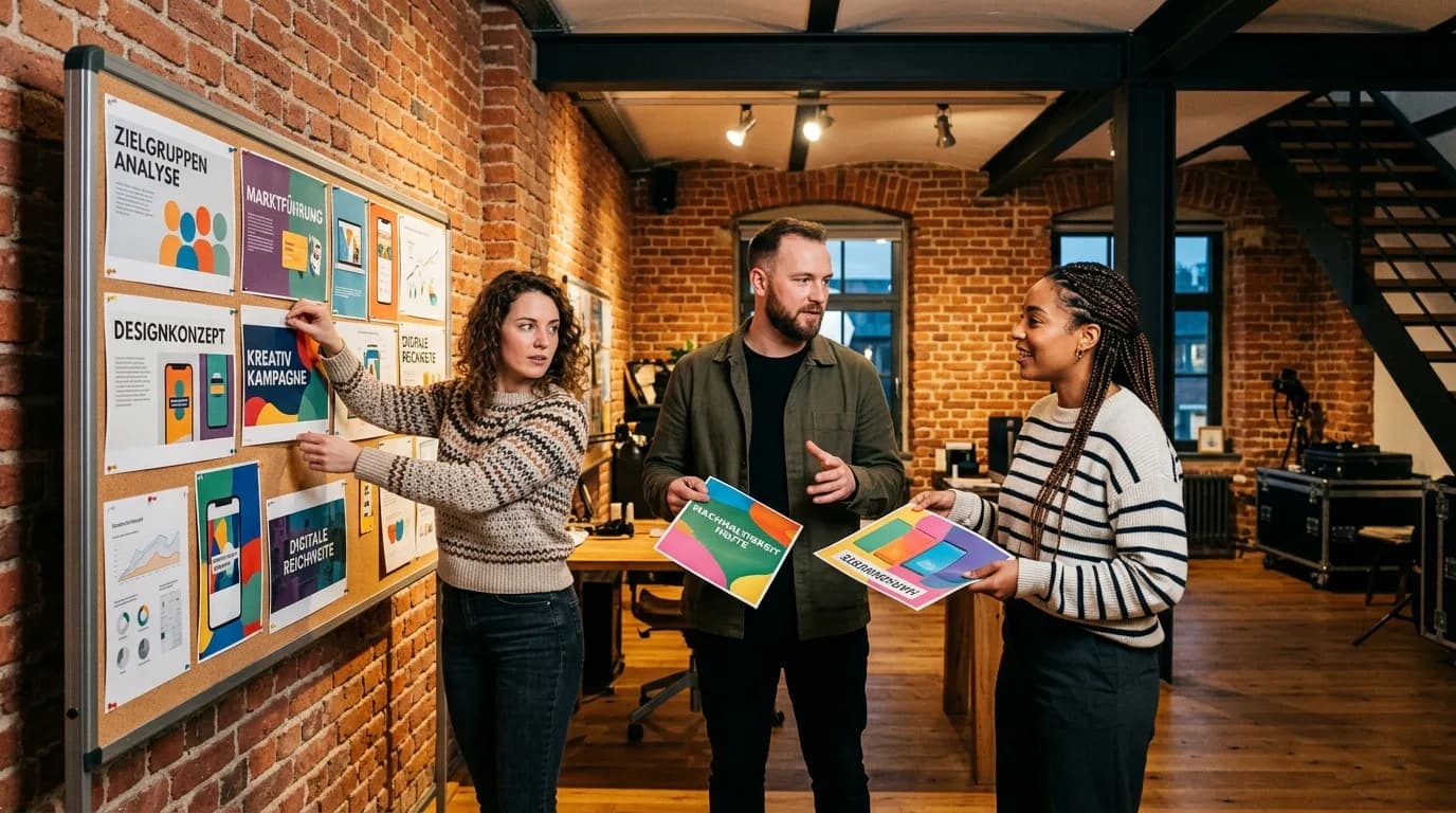 Marketing-Team bespricht eine Kampagnenplanung vor einem Whiteboard mit Entwürfen
