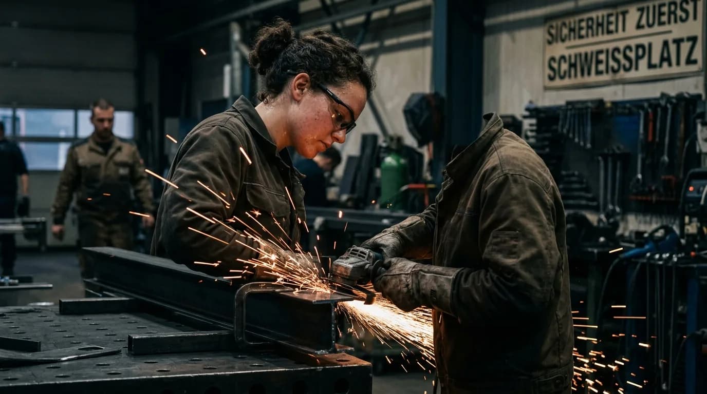 Industriemechaniker prüft ein Bauteil an einer Fertigungsmaschine in einer Werkhalle
