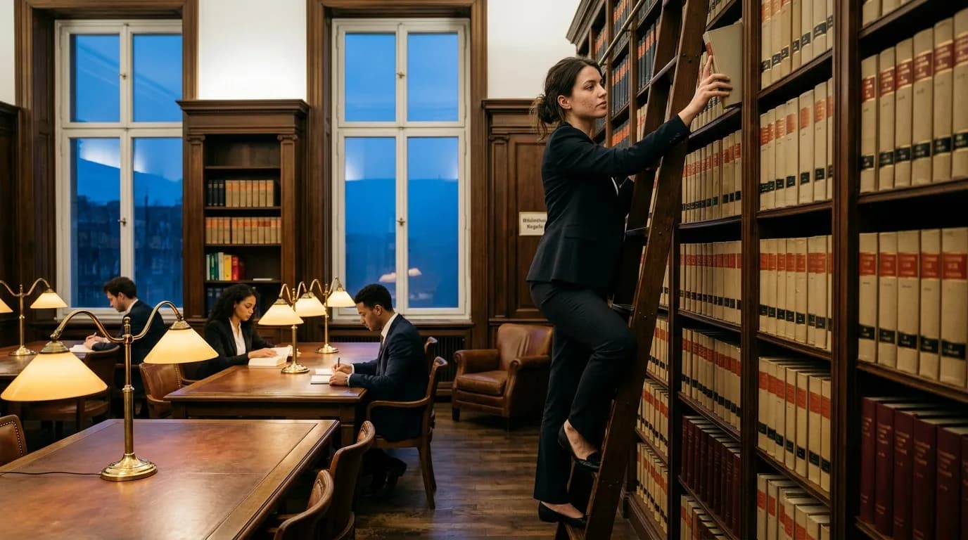 Paralegal prüft Vertragsunterlagen am Schreibtisch einer Kanzlei mit Aktenregal im Hintergrund