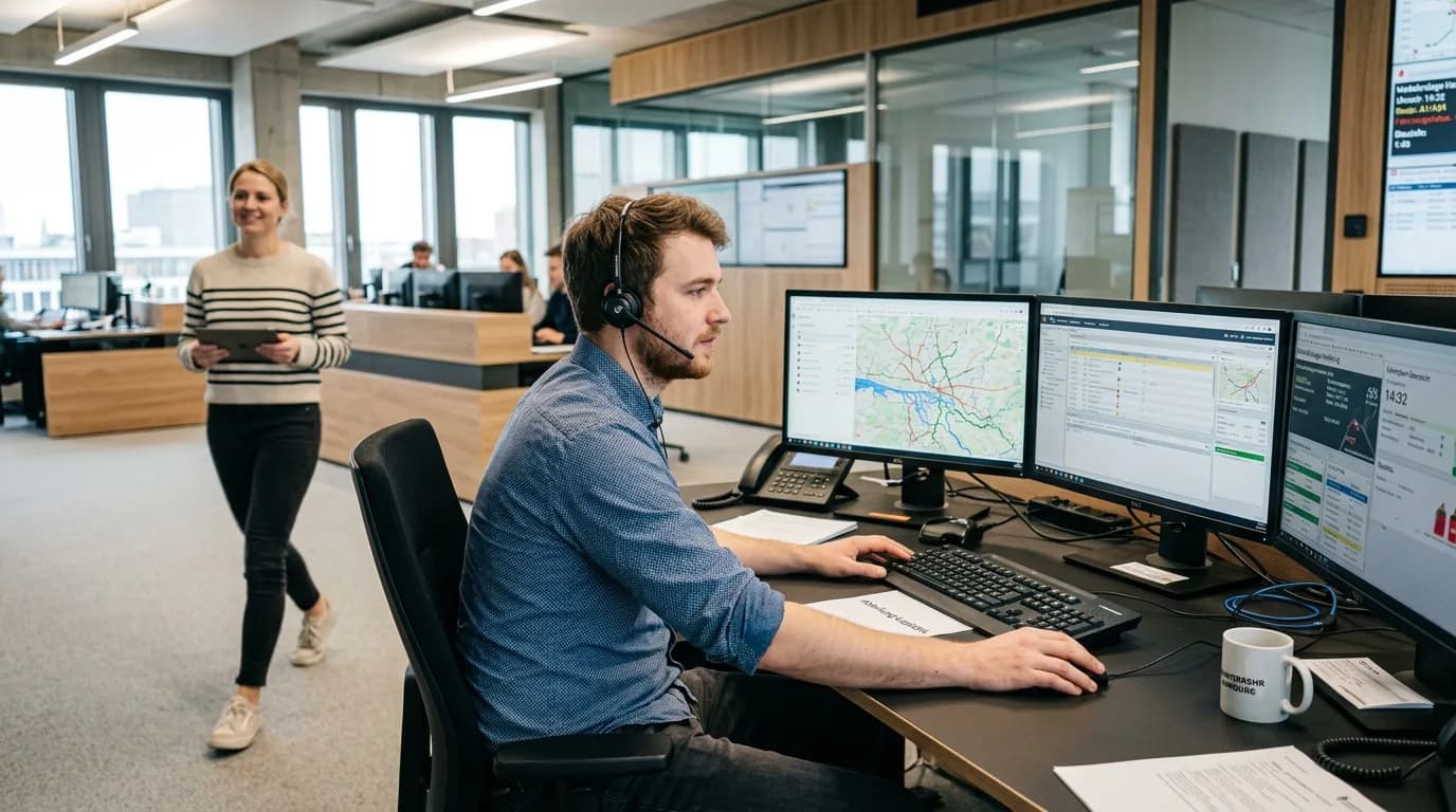 Disponent vor mehreren Bildschirmen mit Tourenplänen in der Leitstelle einer Spedition