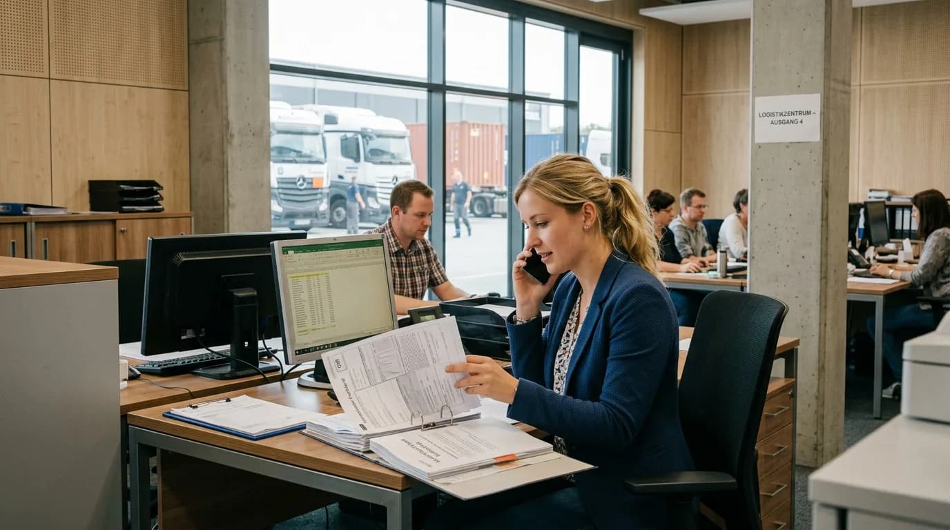 Speditionskaufmann telefoniert am Schreibtisch mit Blick auf den Verladehof einer Spedition