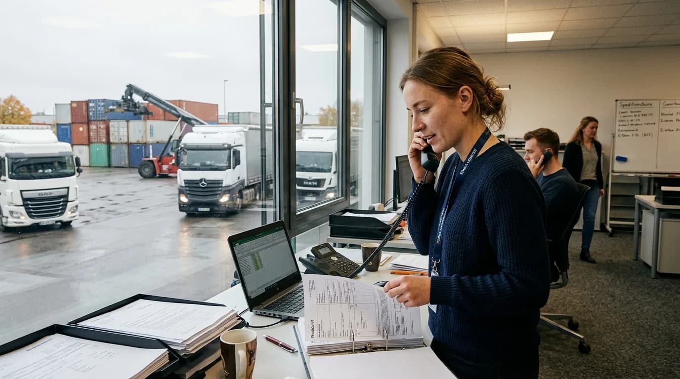 Speditionskaufmann telefoniert am Schreibtisch mit Blick auf den Verladehof einer Spedition