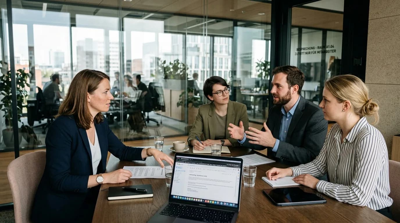 Strategischer Einkäufer verhandelt mit Lieferantenvertretern an einem Besprechungstisch mit Unterlagen und Laptop