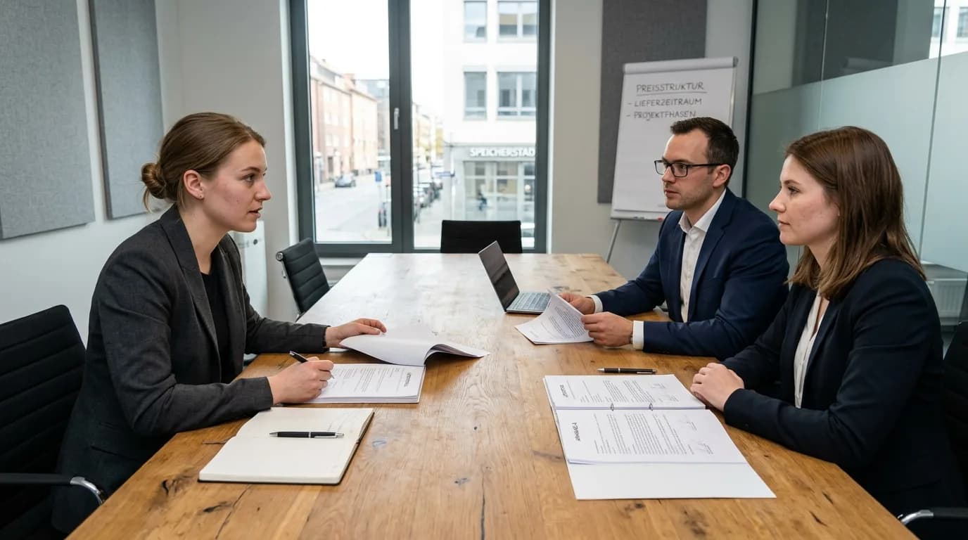 Strategischer Einkäufer verhandelt mit Lieferantenvertretern an einem Besprechungstisch mit Unterlagen und Laptop
