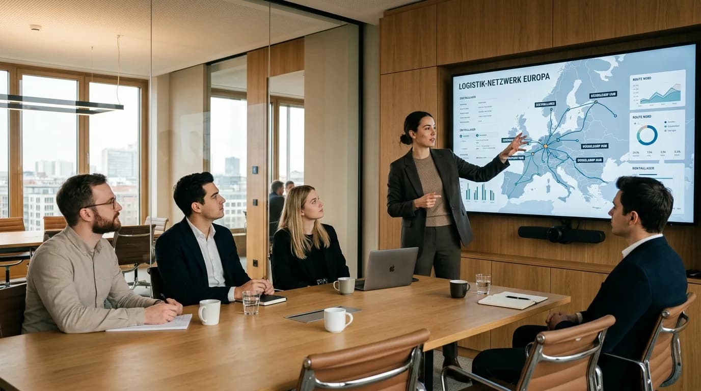 Supply Chain Manager erläutert Kollegen eine Lieferkettenübersicht an einem großen Bildschirm im Besprechungsraum