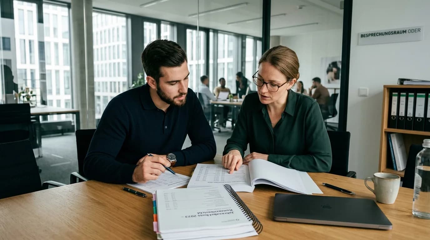 Bilanzbuchhalter geht in einem Besprechungsraum den ausgedruckten Jahresabschluss mit einer Kollegin durch
