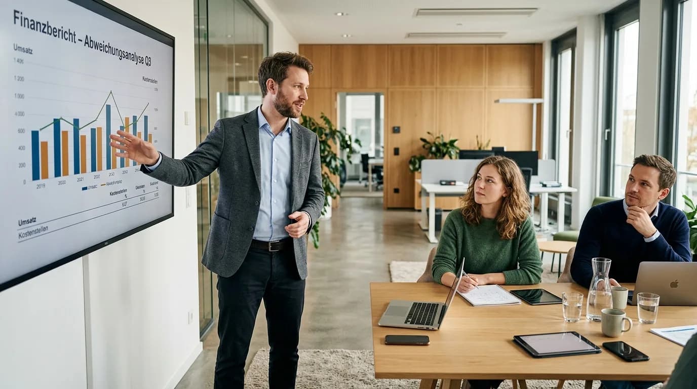 Controller erläutert zwei Kollegen eine Abweichungsanalyse an einem großen Bildschirm in einem modernen Büro