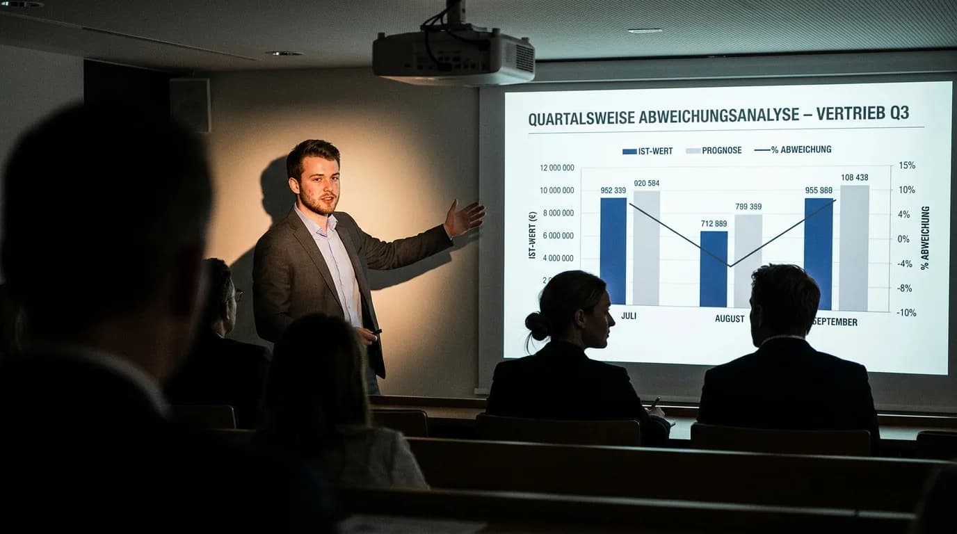 Controller erläutert zwei Kollegen eine Abweichungsanalyse an einem großen Bildschirm in einem modernen Büro