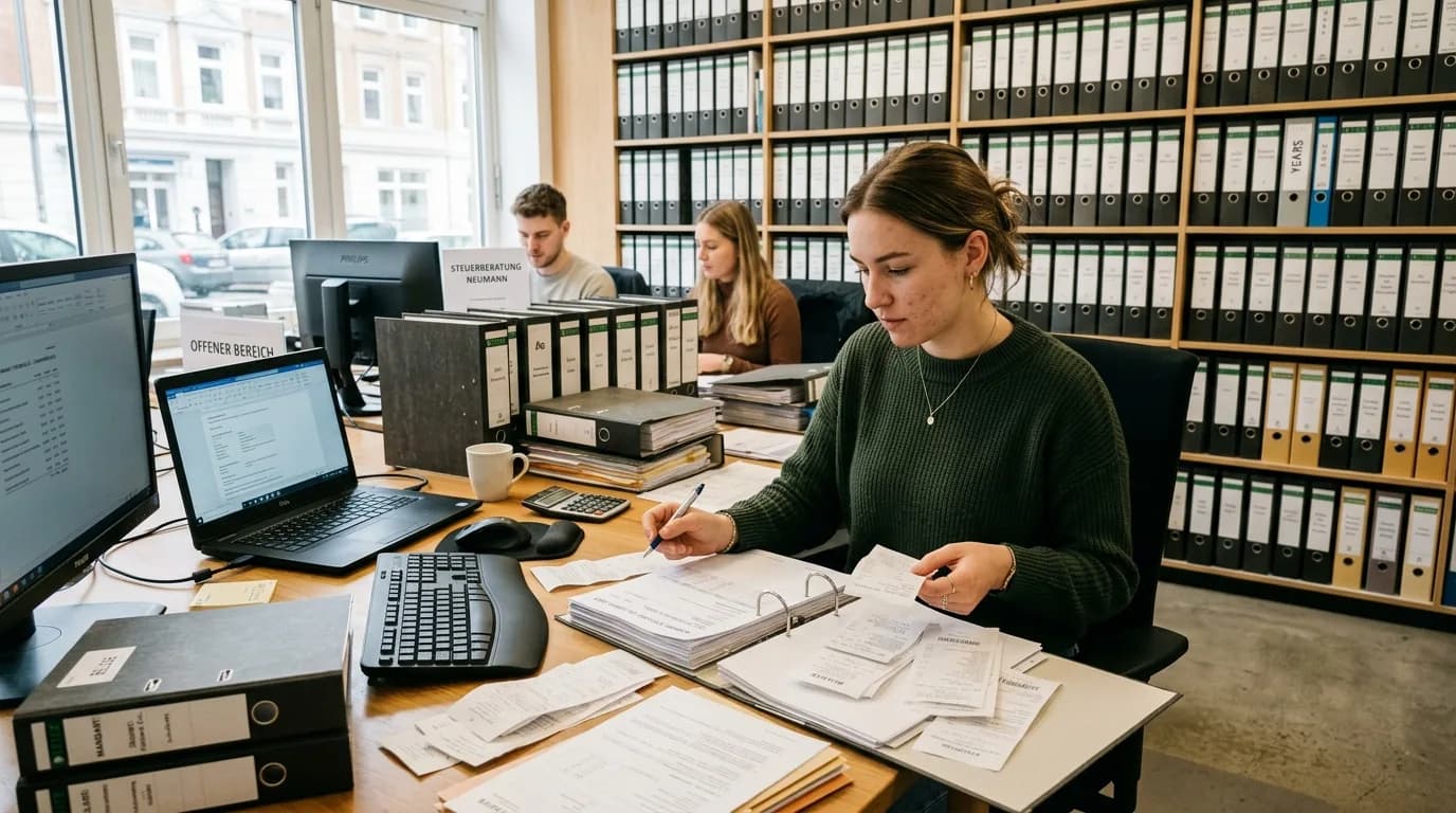 Steuerfachangestellte prüft Mandantenbelege am Schreibtisch einer Steuerkanzlei mit aufgeschlagenen Aktenordnern