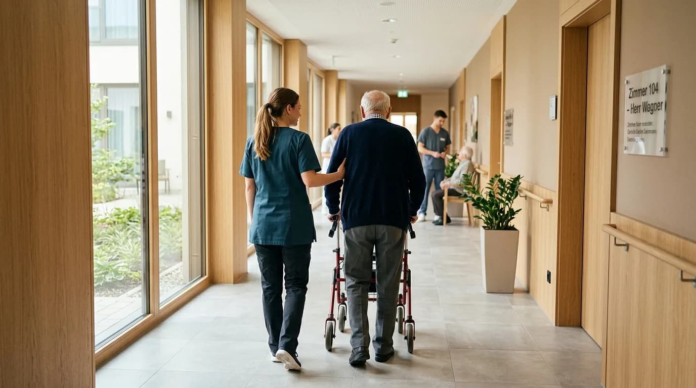 Altenpfleger begleitet einen älteren Herrn mit Rollator über den Flur eines Pflegeheims