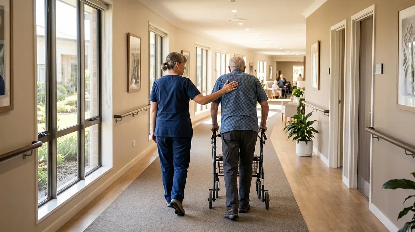 Altenpfleger begleitet einen älteren Herrn mit Rollator über den Flur eines Pflegeheims