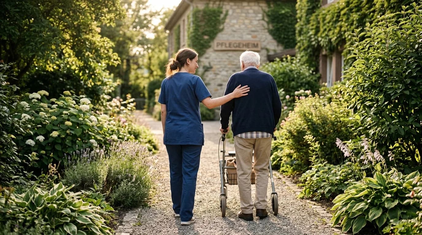 Altenpfleger begleitet einen älteren Herrn mit Rollator über den Flur eines Pflegeheims