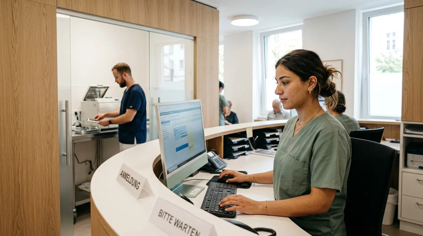 Medizinische Fachangestellte am Empfangstresen einer Arztpraxis bei der Terminvergabe