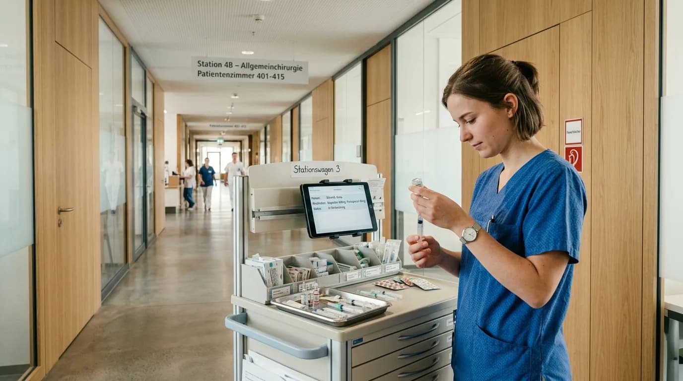 Pflegefachkraft bereitet auf einer Krankenhausstation Medikamente am Stationswagen vor