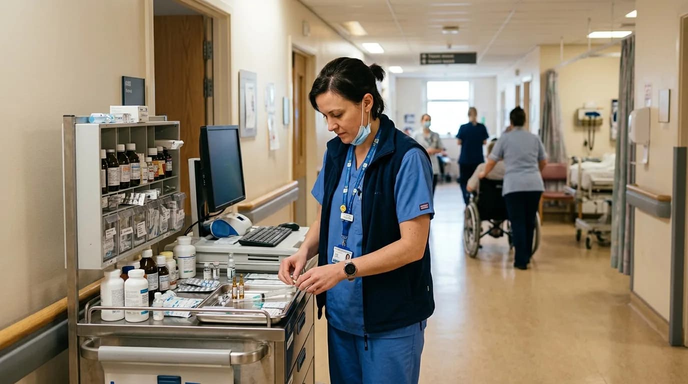 Pflegefachkraft bereitet auf einer Krankenhausstation Medikamente am Stationswagen vor