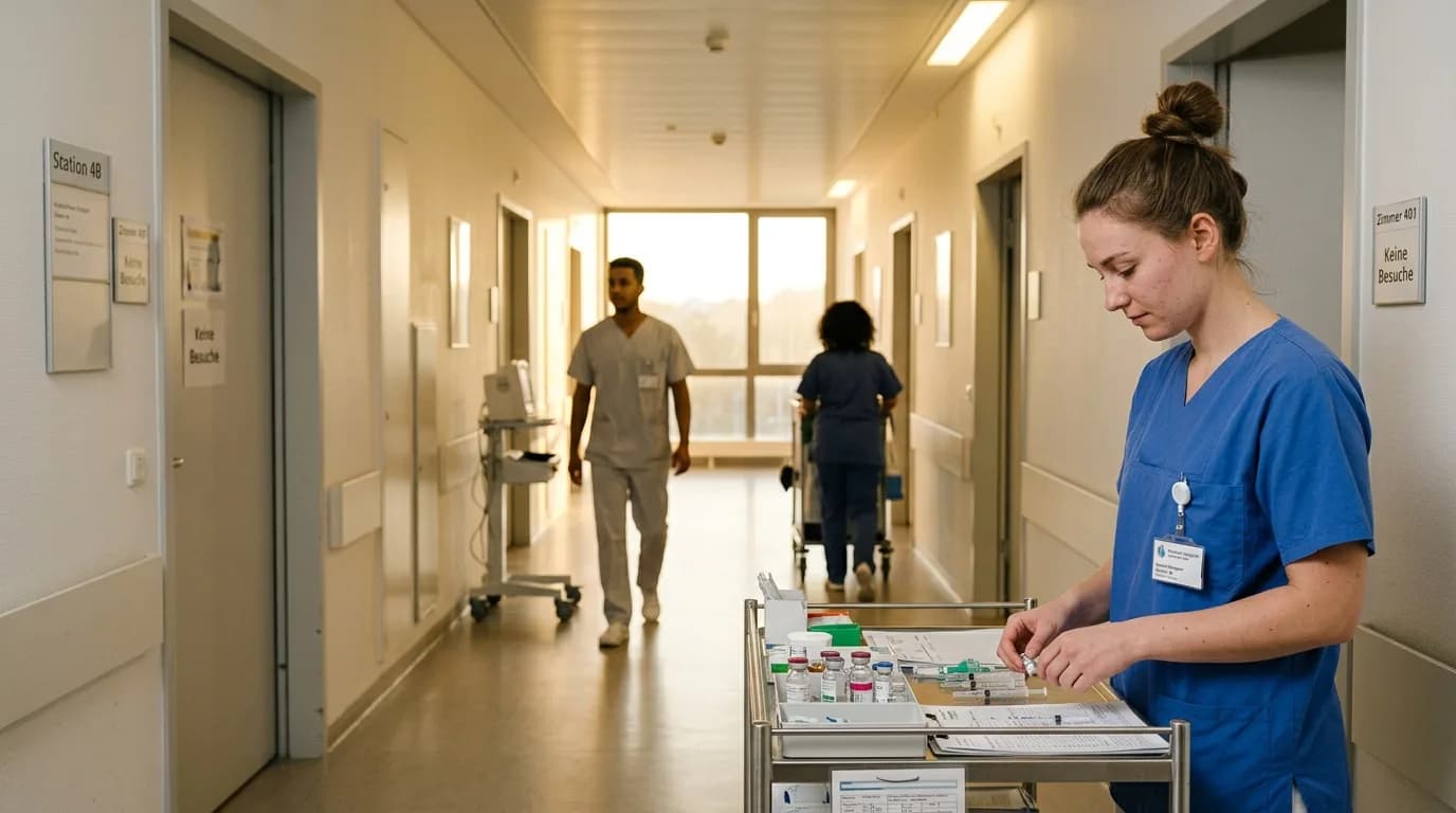 Pflegefachkraft bereitet auf einer Krankenhausstation Medikamente am Stationswagen vor