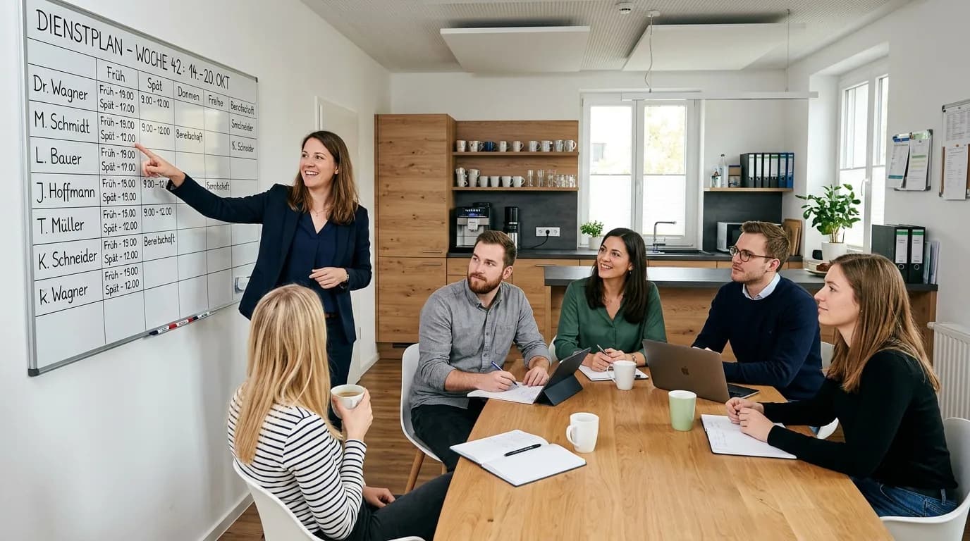 Praxismanager bespricht den Dienstplan mit dem Team im Besprechungsraum einer Arztpraxis