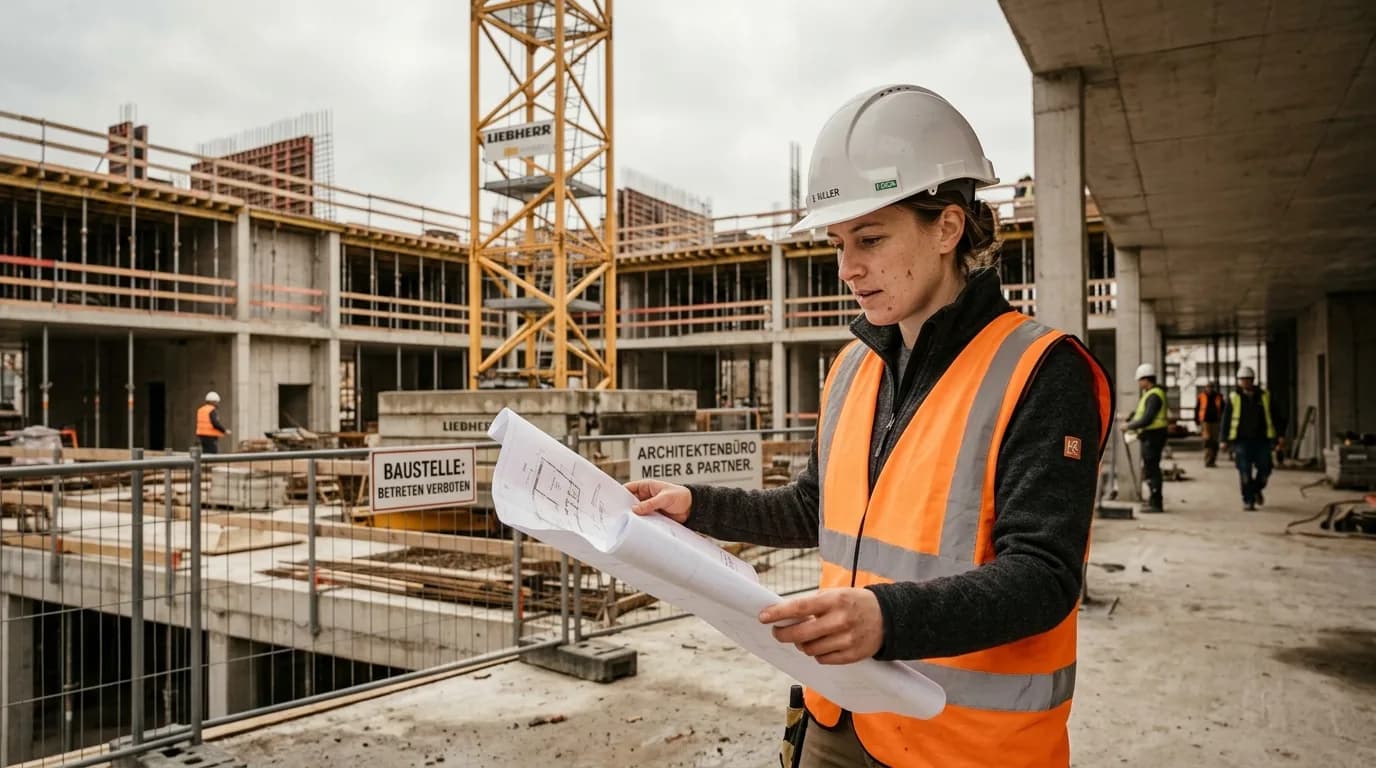 Bauingenieurin prüft mit Bauplänen in der Hand den Fortschritt auf einer Rohbau-Baustelle