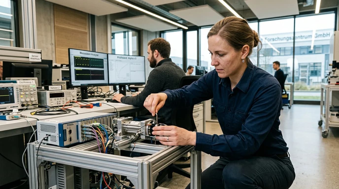 Entwicklungsingenieurin testet einen Prototyp an einem Prüfstand im Entwicklungslabor