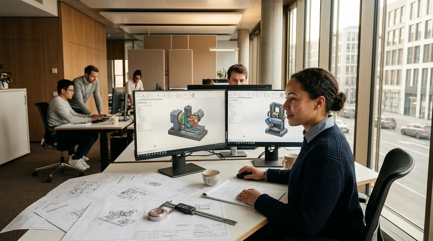 Konstrukteur arbeitet am CAD-Arbeitsplatz an einem 3D-Modell einer Baugruppe
