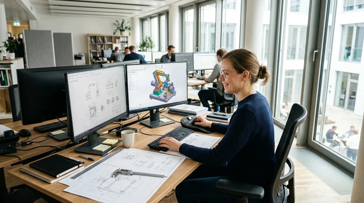 Konstrukteur arbeitet am CAD-Arbeitsplatz an einem 3D-Modell einer Baugruppe