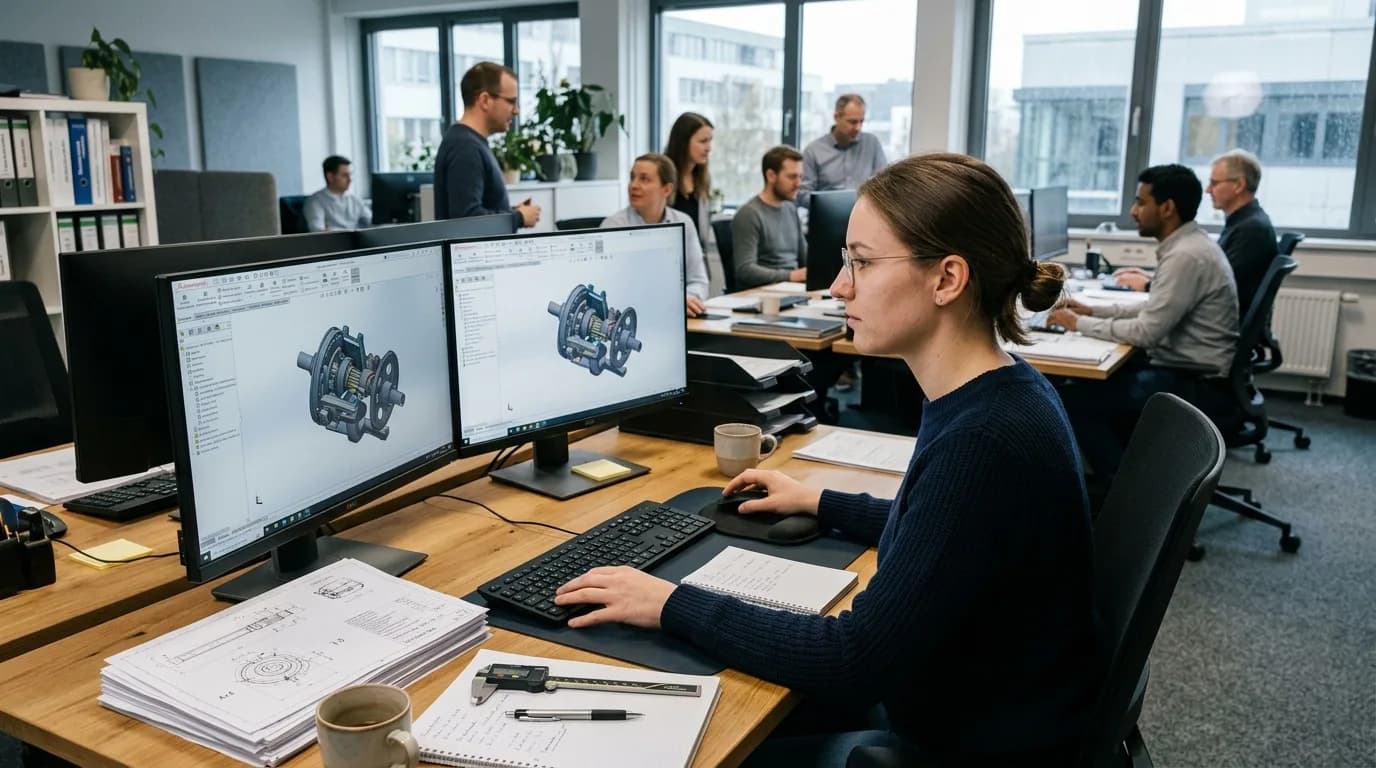 Konstrukteur arbeitet am CAD-Arbeitsplatz an einem 3D-Modell einer Baugruppe