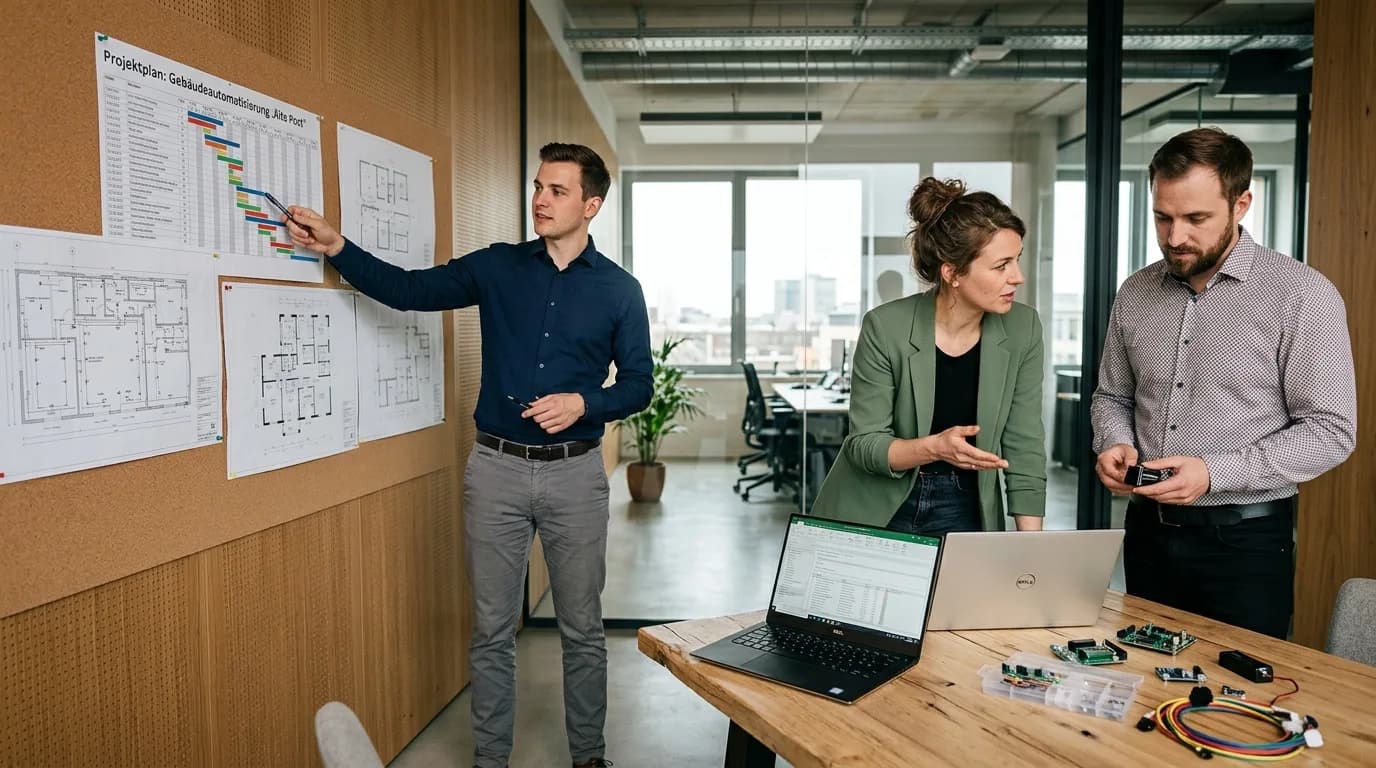 Projektingenieur bespricht mit zwei Kollegen einen Terminplan an einer Wand mit technischen Zeichnungen