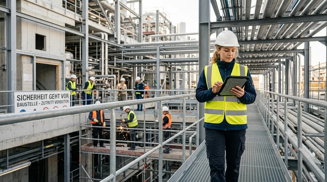 Projektleiter mit Helm und Warnweste begeht eine Industrieanlage und prüft den Montagefortschritt