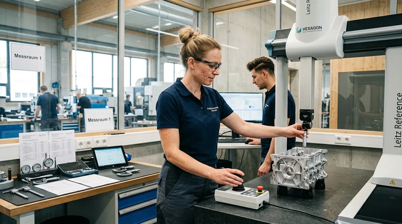 Qualitätsingenieur vermisst ein Metallbauteil an einer Koordinatenmessmaschine in der Fertigung
