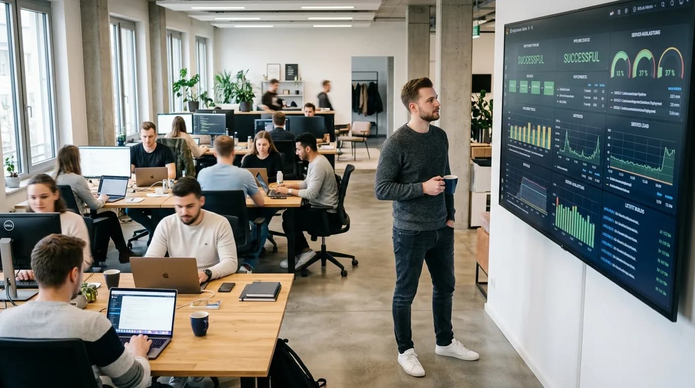 DevOps Engineer verfolgt in einem offenen Büro auf einem großen Monitor Pipeline-Läufe und Metriken, im Hintergrund arbeitet das Entwicklungsteam