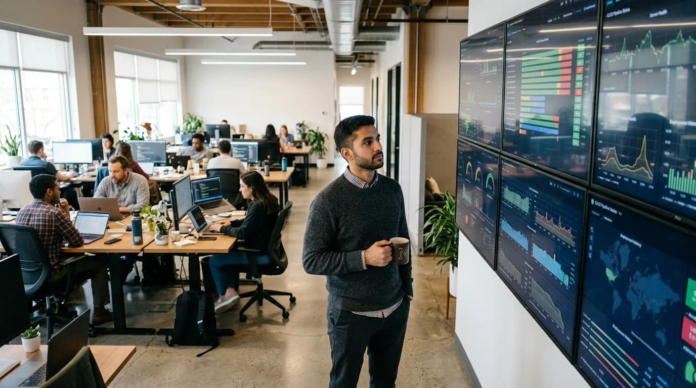 DevOps Engineer verfolgt in einem offenen Büro auf einem großen Monitor Pipeline-Läufe und Metriken, im Hintergrund arbeitet das Entwicklungsteam
