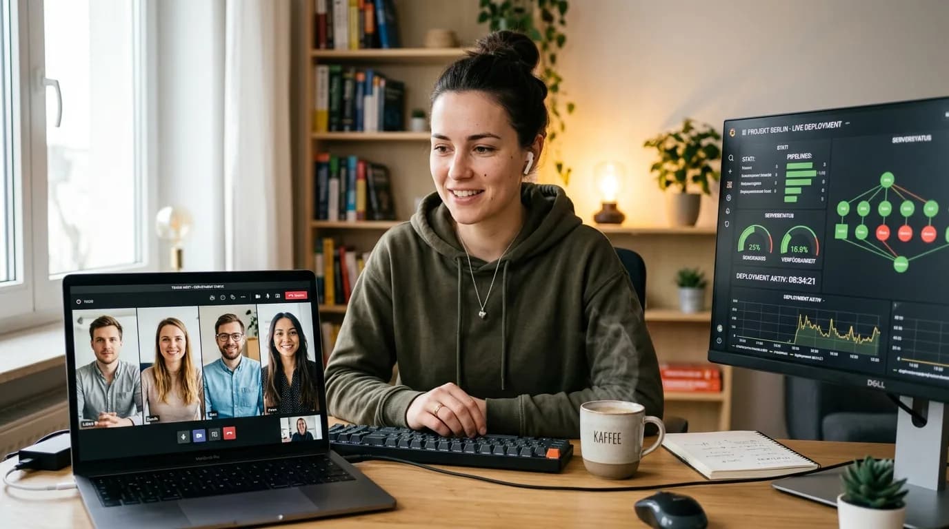 DevOps Engineer verfolgt in einem offenen Büro auf einem großen Monitor Pipeline-Läufe und Metriken, im Hintergrund arbeitet das Entwicklungsteam