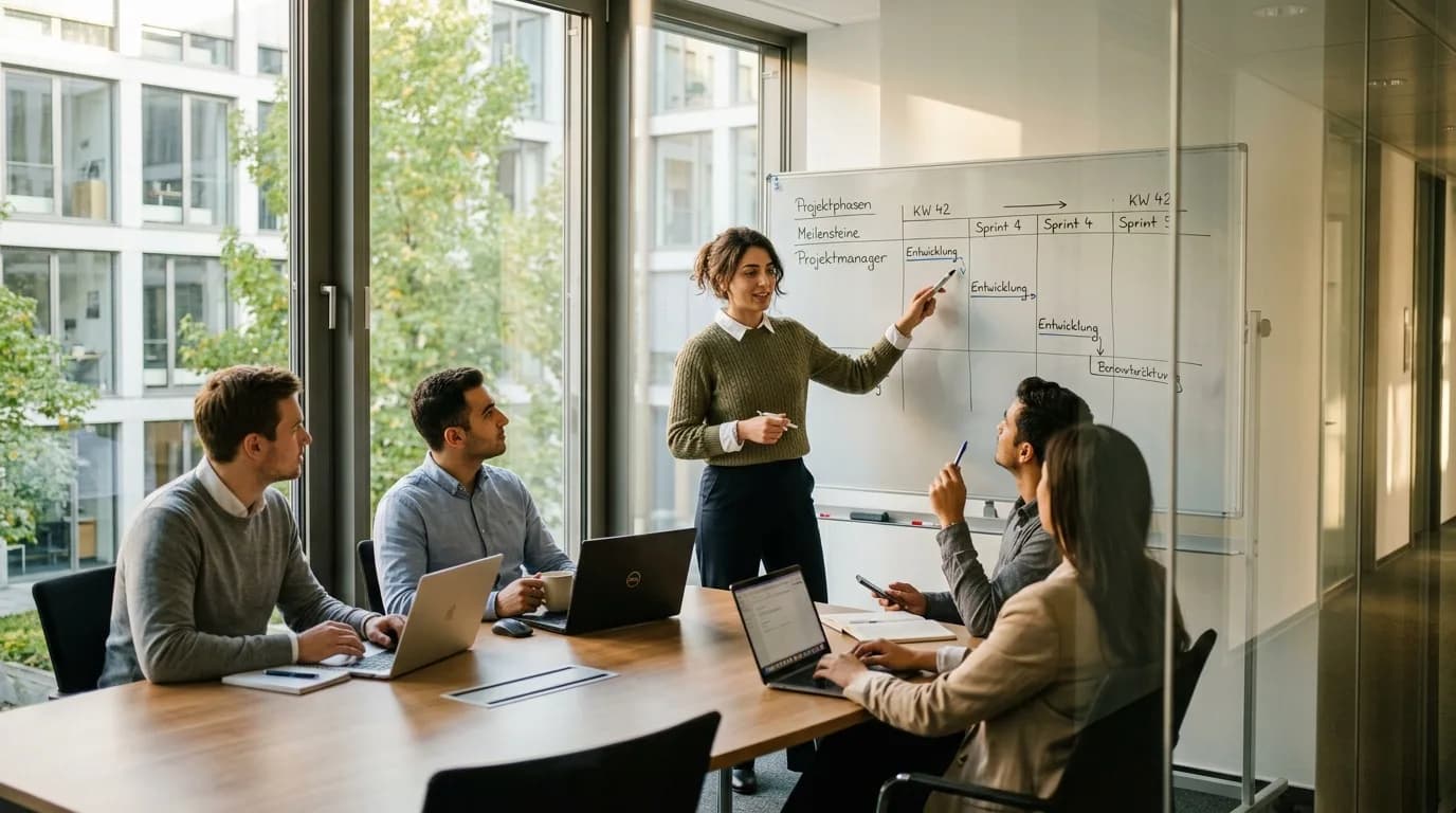 IT-Projektleiterin moderiert in einem Besprechungsraum ein Projektmeeting vor einem Whiteboard mit Zeitplan, das Team sitzt am Tisch