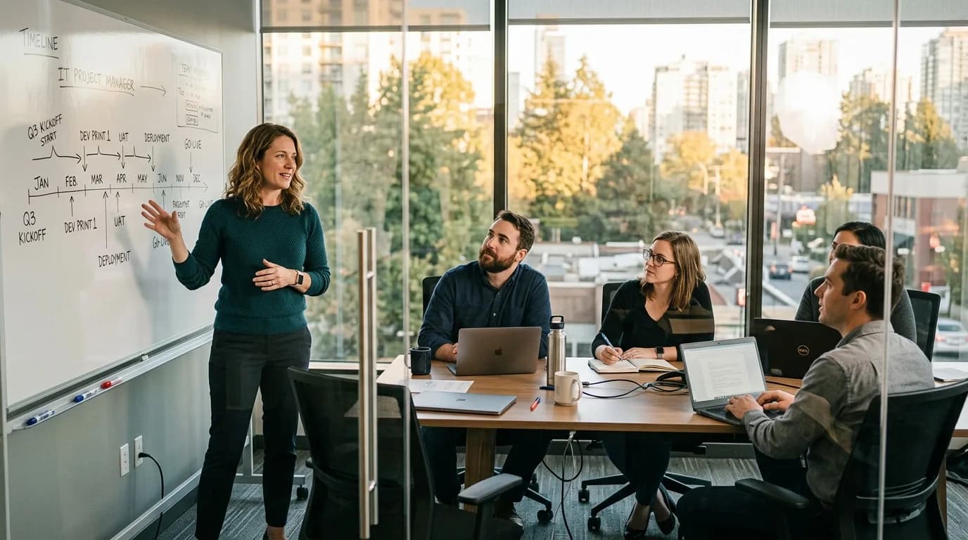 IT-Projektleiterin moderiert in einem Besprechungsraum ein Projektmeeting vor einem Whiteboard mit Zeitplan, das Team sitzt am Tisch