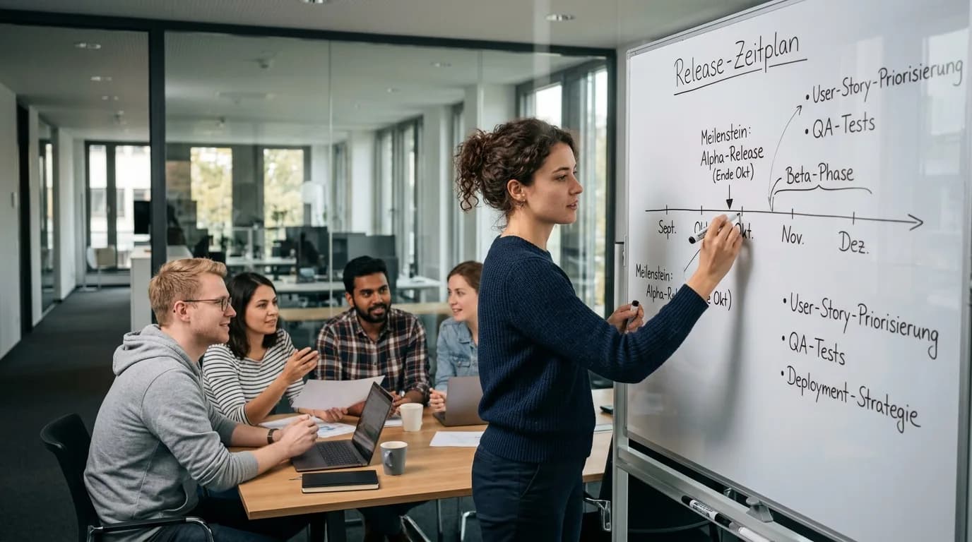 IT-Projektleiterin moderiert in einem Besprechungsraum ein Projektmeeting vor einem Whiteboard mit Zeitplan, das Team sitzt am Tisch