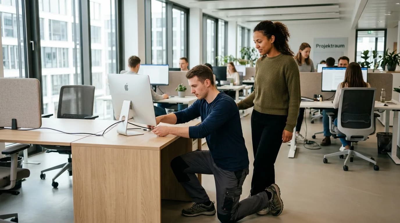 IT-Supporter richtet an einem Schreibtisch im Büro einen Arbeitsplatzrechner ein und erklärt einer Kollegin die Einstellungen