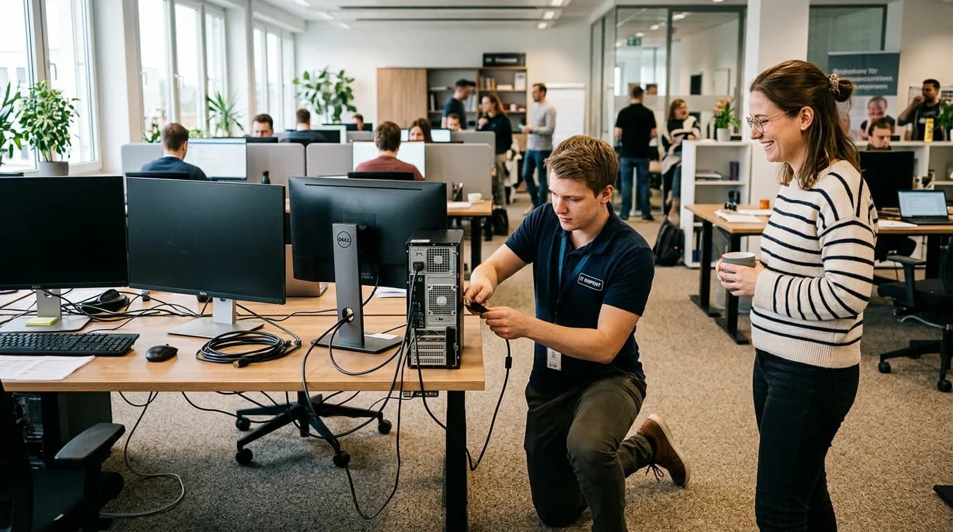 IT-Supporter richtet an einem Schreibtisch im Büro einen Arbeitsplatzrechner ein und erklärt einer Kollegin die Einstellungen