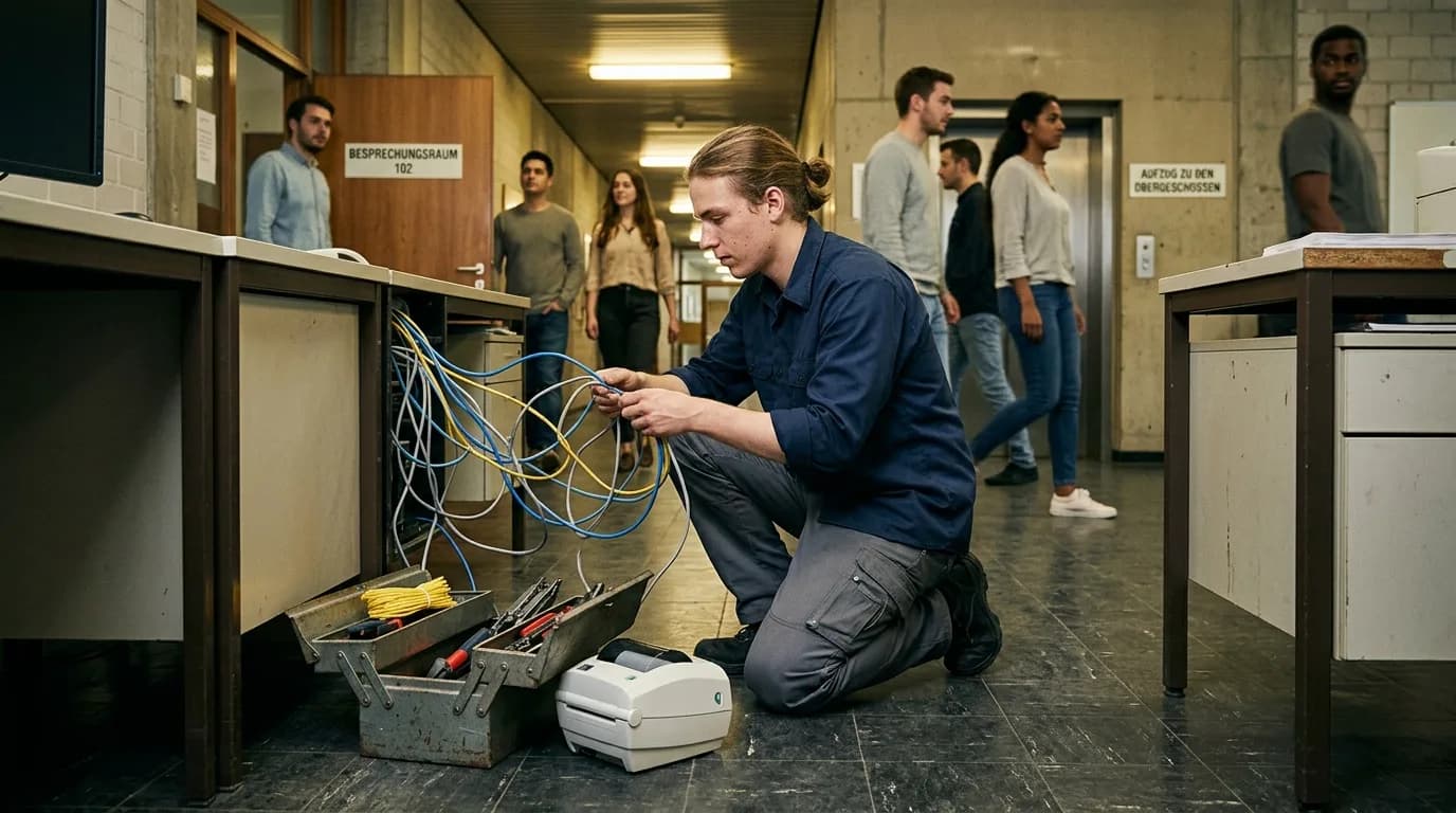 IT-Supporter richtet an einem Schreibtisch im Büro einen Arbeitsplatzrechner ein und erklärt einer Kollegin die Einstellungen
