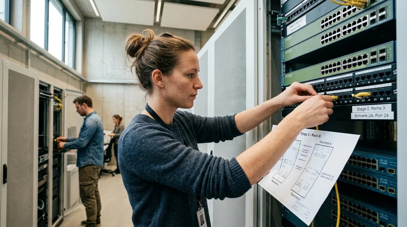 Netzwerkadministratorin steckt in einem Technikraum Patchkabel in ein Netzwerk-Panel und gleicht die Belegung mit einem Plan ab