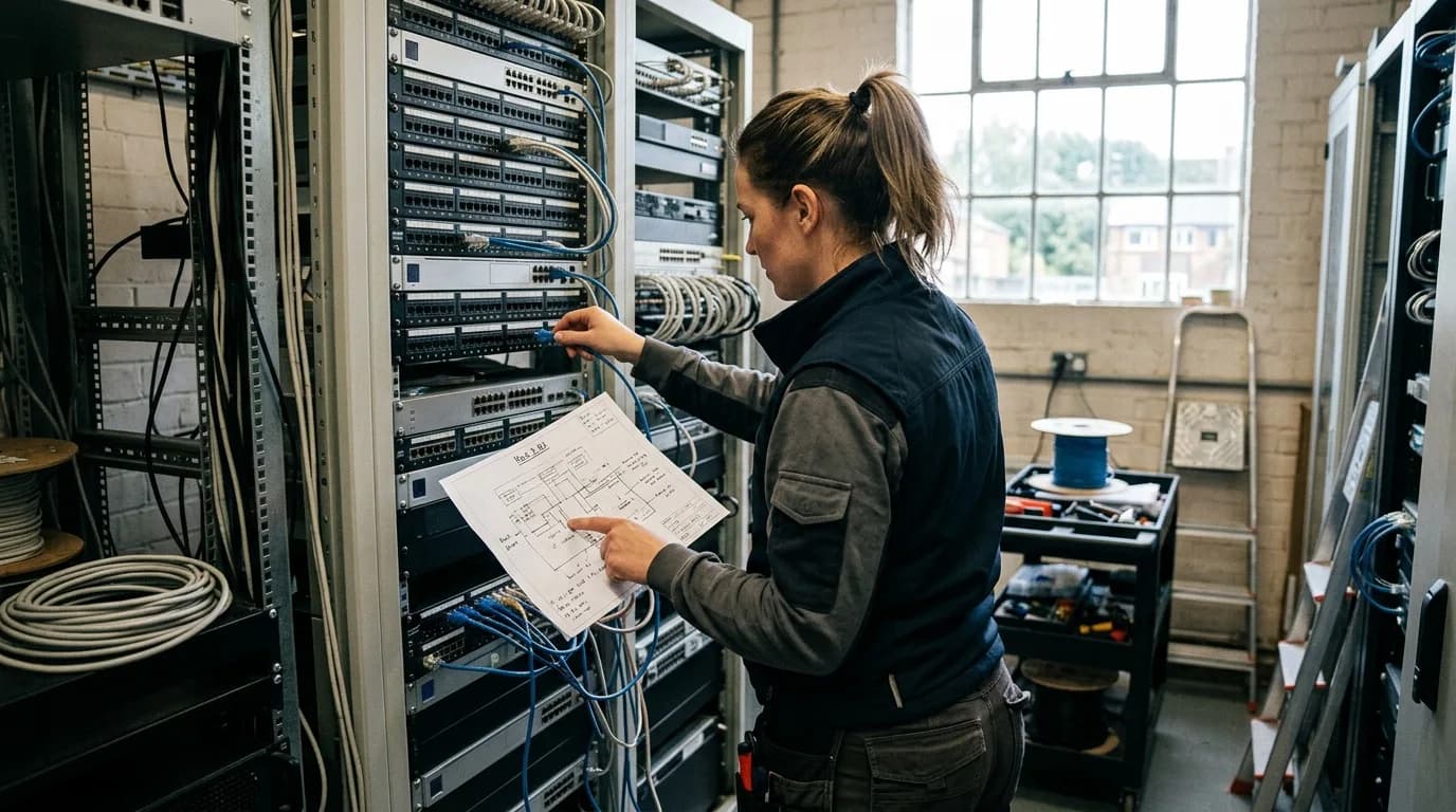 Netzwerkadministratorin steckt in einem Technikraum Patchkabel in ein Netzwerk-Panel und gleicht die Belegung mit einem Plan ab