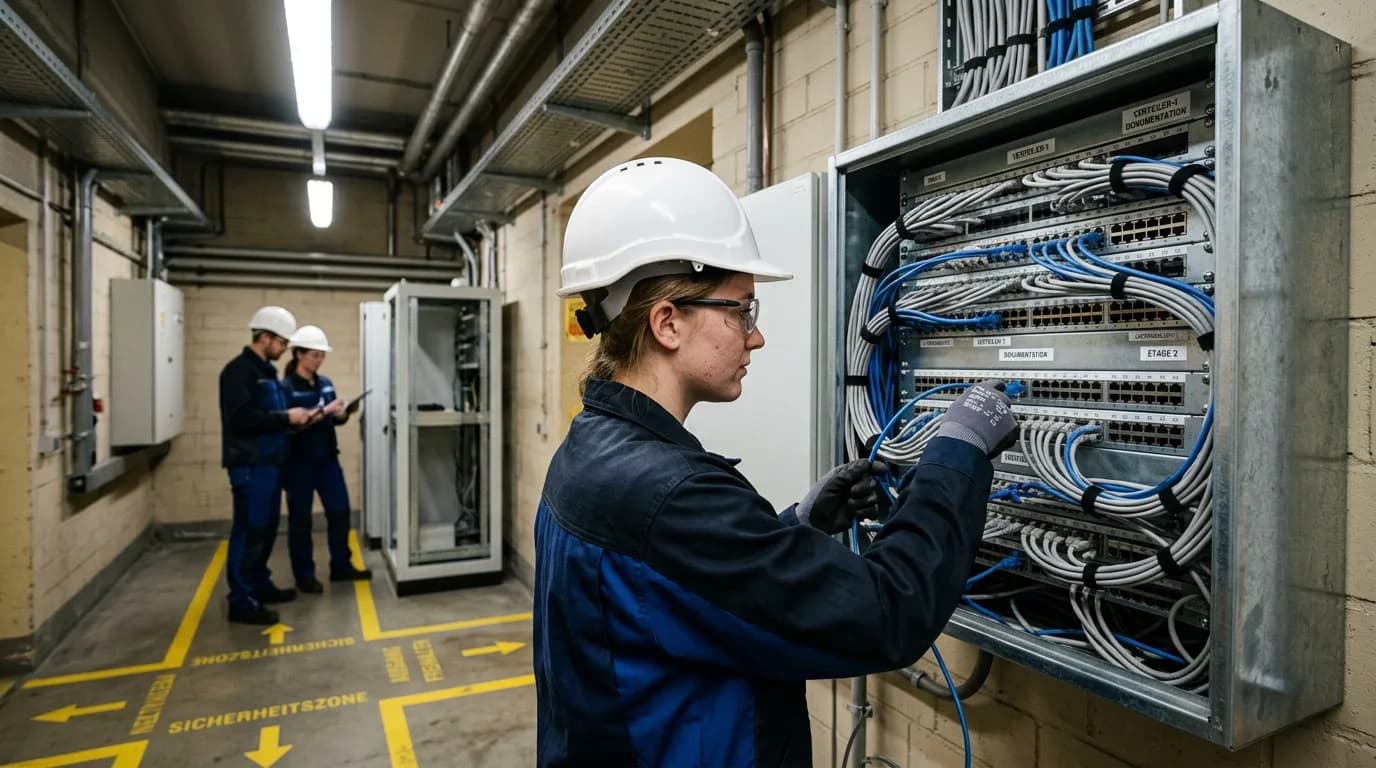 Netzwerkadministratorin steckt in einem Technikraum Patchkabel in ein Netzwerk-Panel und gleicht die Belegung mit einem Plan ab