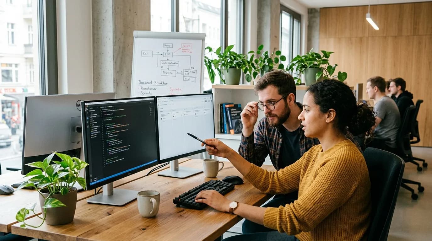Zwei Softwareentwickler besprechen an einem Schreibtisch mit zwei Monitoren gemeinsam Quellcode in einem hellen Büro
