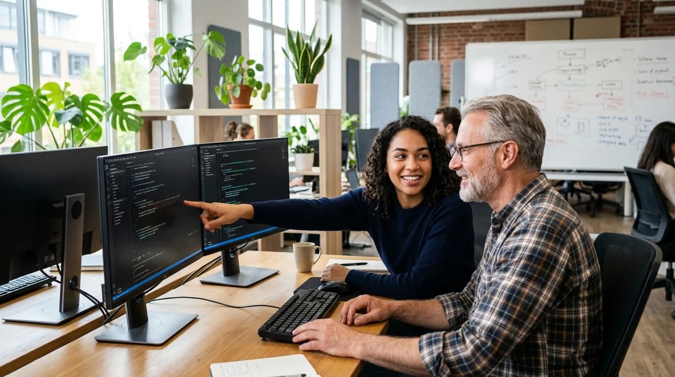 Zwei Softwareentwickler besprechen an einem Schreibtisch mit zwei Monitoren gemeinsam Quellcode in einem hellen Büro