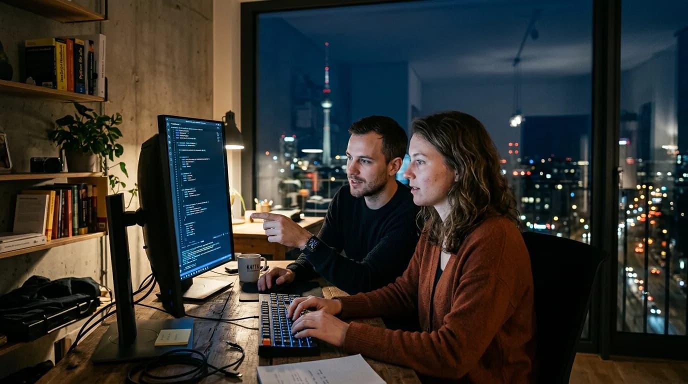 Zwei Softwareentwickler besprechen an einem Schreibtisch mit zwei Monitoren gemeinsam Quellcode in einem hellen Büro