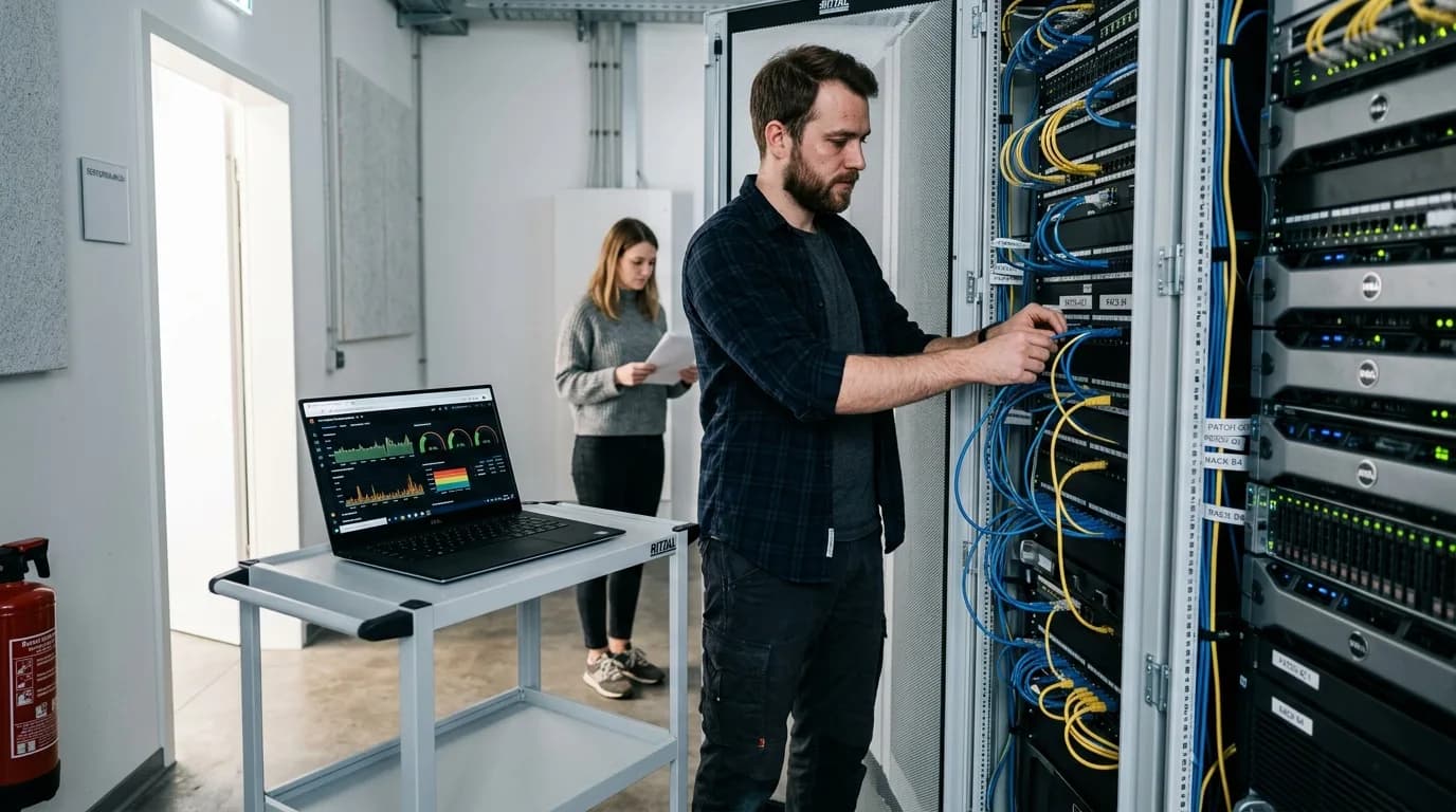 Systemadministrator prüft in einem kleinen Serverraum die Verkabelung eines Racks, daneben ein aufgeklappter Laptop mit Monitoring-Ansicht