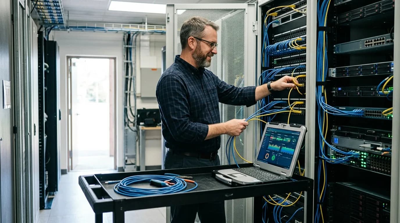Systemadministrator prüft in einem kleinen Serverraum die Verkabelung eines Racks, daneben ein aufgeklappter Laptop mit Monitoring-Ansicht