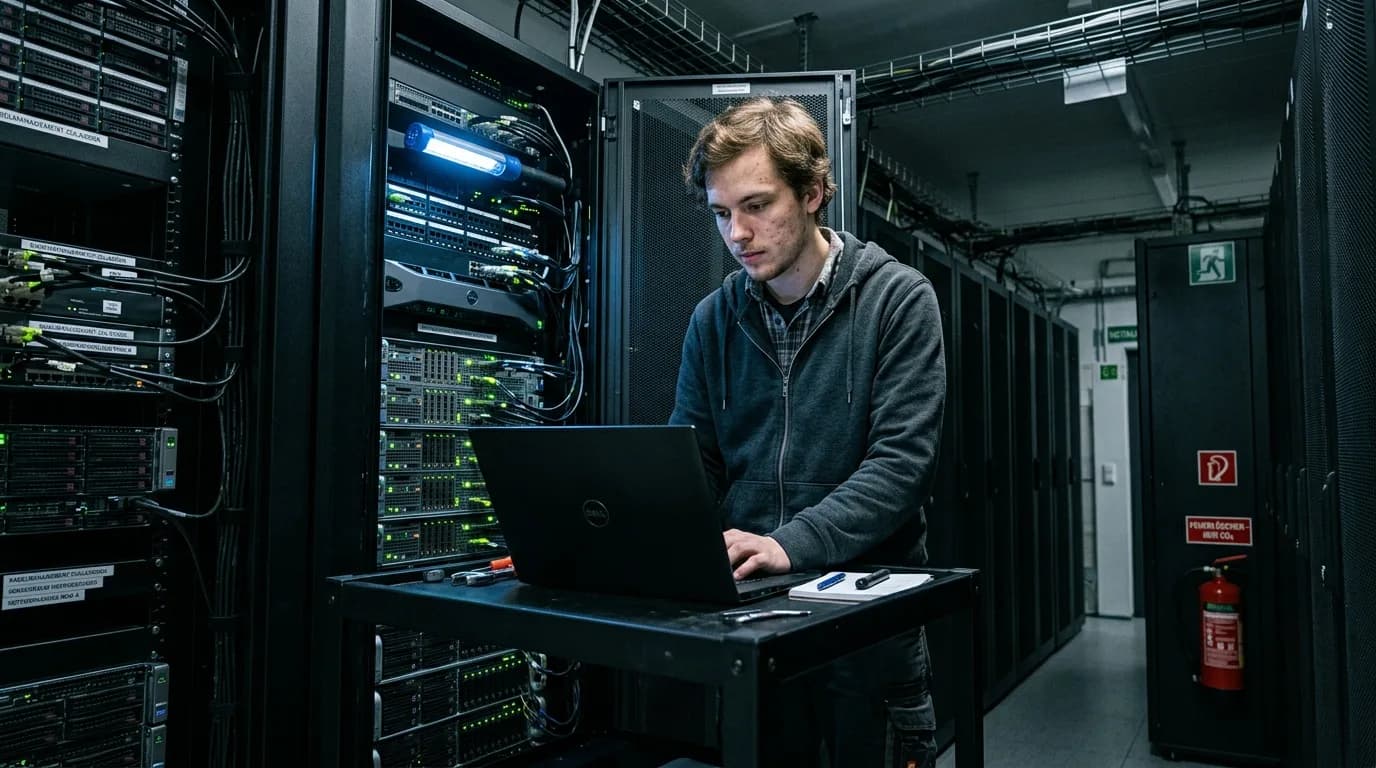 Systemadministrator prüft in einem kleinen Serverraum die Verkabelung eines Racks, daneben ein aufgeklappter Laptop mit Monitoring-Ansicht