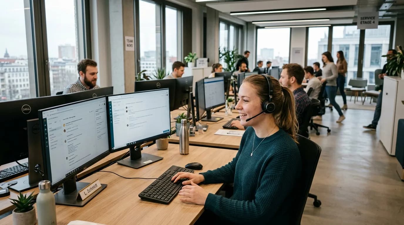 Customer Service Agent mit Headset beantwortet Kundenanfragen an einem Bildschirmarbeitsplatz