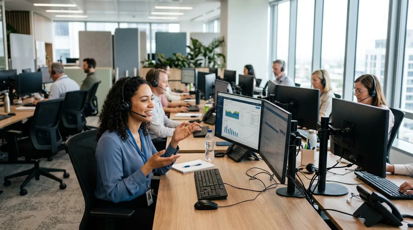 Customer Service Agent mit Headset beantwortet Kundenanfragen an einem Bildschirmarbeitsplatz